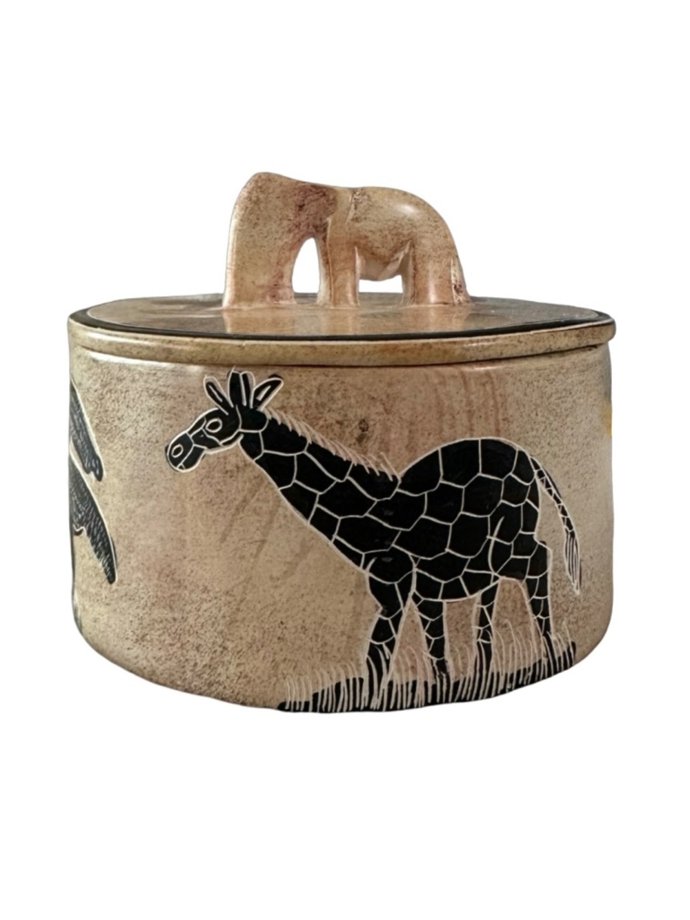 Hand-carved Soapstone Trinket Box 4” Zebra Carvings & Elephant On Lid Kenya